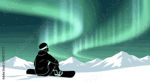 Snowboarder Gazes Atmespheric Aurora Borealis Over Snowy Peaks