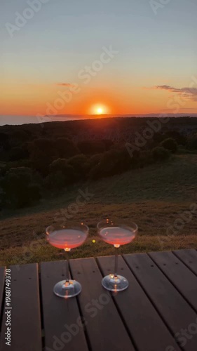 “Two Glasses of Wine at Sunset Over Hills 4K Ultra HD Video, Romantic Outdoor Dining Scene, Golden Hour Landscape, Scenic Hills and Warm Sunlight, Relaxing Lifestyle and Travel Footage, Stock Video