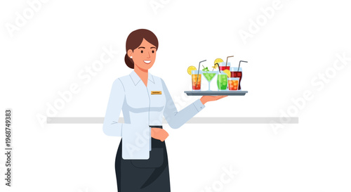 Smiling Waitress Holds Tray With Colorful Refreshing Cocktails