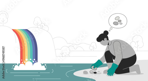 Serene Nature Scene With Rainbow Waterfall And Person Collecting Stones