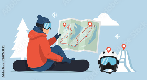 Snowboarder Planning Route On Ski Map Adventure Outdoors