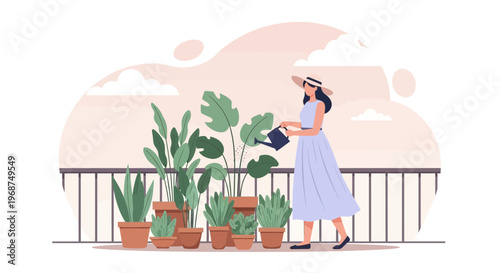 Serene Balcony Gardening With A Woman Watering Plants Outdoors