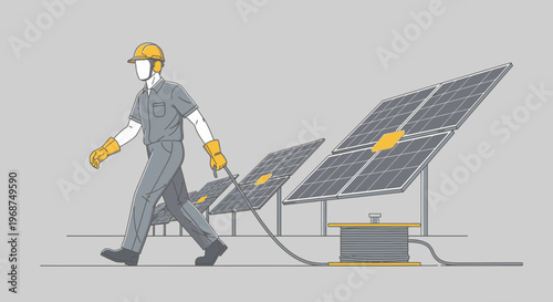 Solar Energy Technician Working With Photovoltaic Panels In A Clean Style Illustration