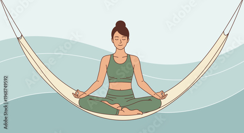 Serene Woman Meditating in Hammock Floating Tranquil Waters Minimalist Illustration