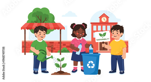 Flat style vector illustration of children learning recycling and environmental care in classroom, sustainability education and eco-friendly awareness concept