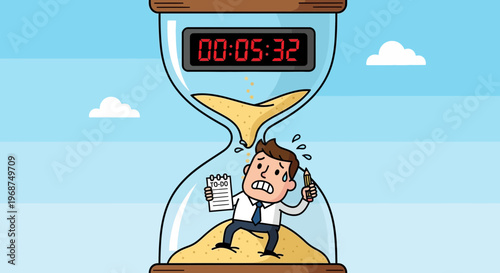 Stressed Businessman Trapped In An Hourglass With A To-Do List And Timer