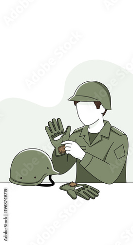Soldier Preparing For Duty With Helmet And Gloves On White Background