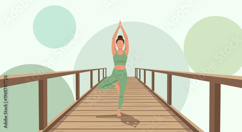 Serene Woman Practices Yoga Tree Pose On Scenic Wooden Boardwalk Outdoor Wellness
