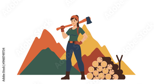 Strong Woman Lumberjack Posing With Axe And Wood In Mountainous Landscape