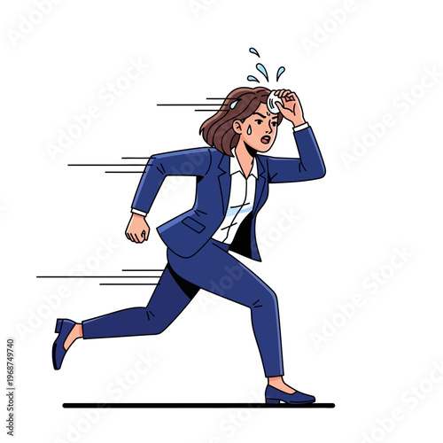 Stressed Woman Rushing In Business Attire Feeling Overwhelmed And Hot