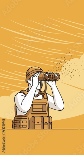 Soldier Scanning Horizon With Binoculars During Desert Reconnaissance Mission