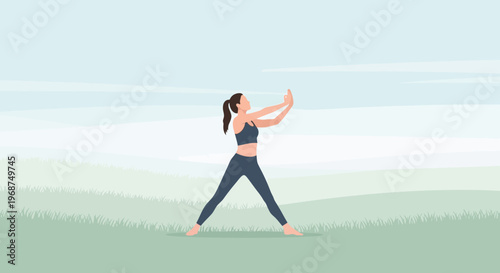 Serene Woman Performing Outdoor Yoga Pose Against A Minimalist Landscape