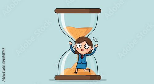 Stressed Businesswoman Trapped Inside Falling Sand Clock Facing Deadline Pressure