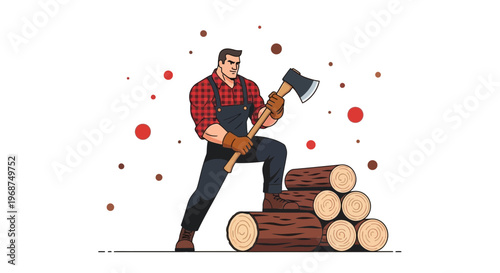 Strong Lumberjack Holding Axe Next To Stacked Firewood
