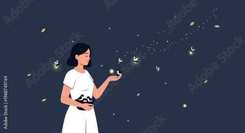 Serene Nighttime Gathering of Birds and Fireflies with Gentle Woman