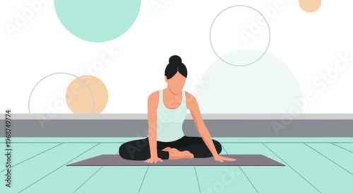 Serene Woman Practicing Yoga Indoors With Minimalist Abstract Shapes