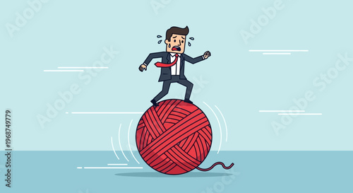 Struggling Businessman Balances Precariously on a Giant Unraveling Ball of Yarn