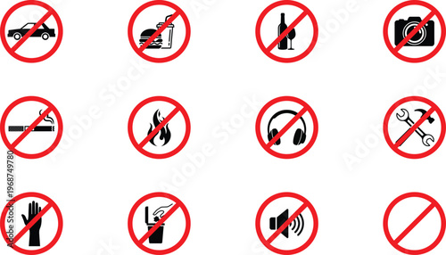 Prohibition signs collection with red circular symbols, Forbidden actions icons set for public safety, Restricted activity warning notice graphics.