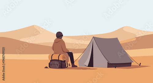 Solitary Desert Wanderer And Tent Under Expansive Sky