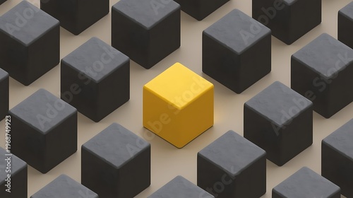 AI Generative Illustration of a Central Yellow Cube Among Gray Cubes in Geometric Composition