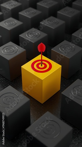 AI Generative Illustration of a Red Arrow Hitting the Yellow Target Cube Amid Black Cubes in a