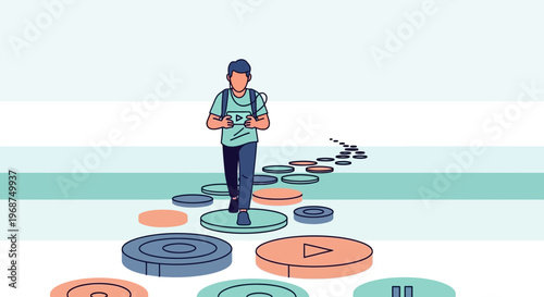 Student Navigates Digital Pathway Of Icons Representing Online Content Consumption