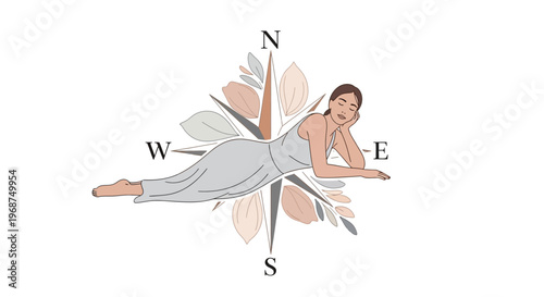 Serene Woman Resting on Artistic Compass Rose Design Element