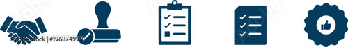 Business agreement icons set with handshake and approval stamp, Professional quality assurance symbols featuring checklist and certification seal, Commerce graphics for contracts and verified partners