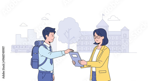 Student Receiving Book From Teacher Outside University Building Campus