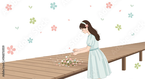 Serene Young Girl Arranging Flowers on a Peaceful Wooden Pier