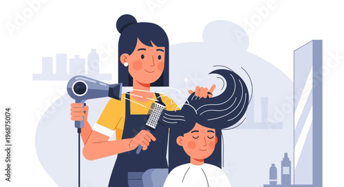 Stylist Blow Drying Hair With Brush Professional Salon Scene