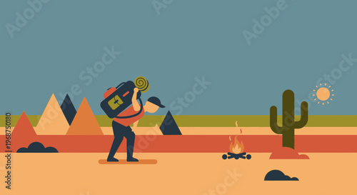 Stylized Desert Nomad Journey with Campfire and Cactus