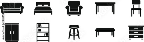Furniture Icon Set  Sofa, Bed, Chair, Table, Wardrobe Silhouette Collection, Home Interior Vector Icons Black Minimal