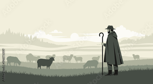 Solitary Shepherd Watching Over Gentle Flock In Misty Haze Landscape