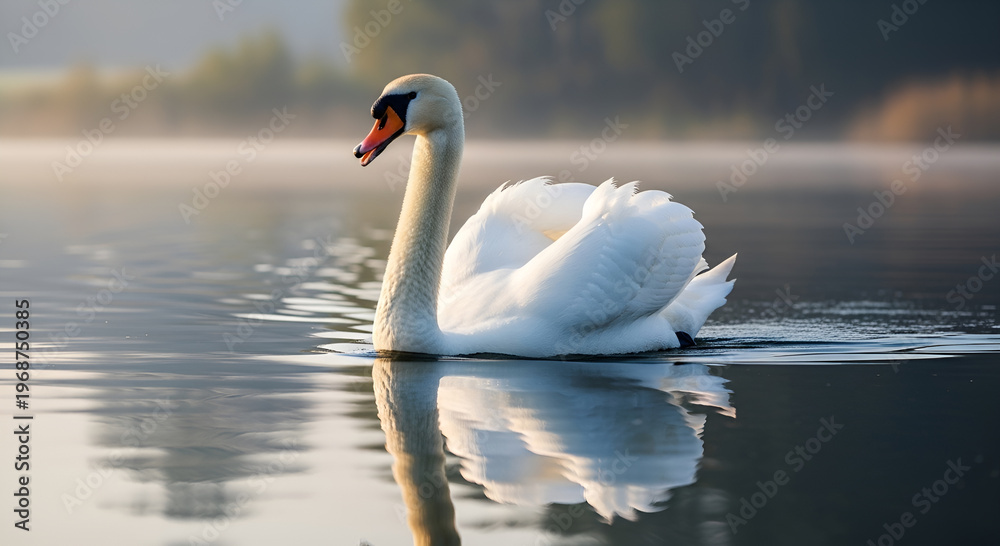 Fototapeta premium Elegant white swan swimming on calm misty lake with soft reflection and minimal atmosphere.