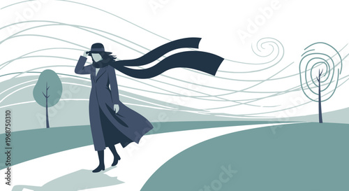 Stylized Woman Walking on Windy Path Silhouette Minimalist Art Style