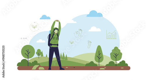 Sustainable Trekker Stretching With Eco Footprint Icons And Nature Graphics