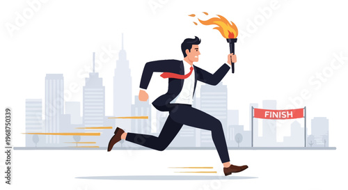 Successful Businessman Racing Towards Finish Line With Flaming Torch