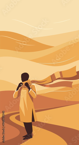 Solitary Wanderer Navigating Expansive Golden Desert Dunes