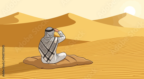 Solitary Wanderer Gazes Toward Distant Horizons In Arid Desert Landscape