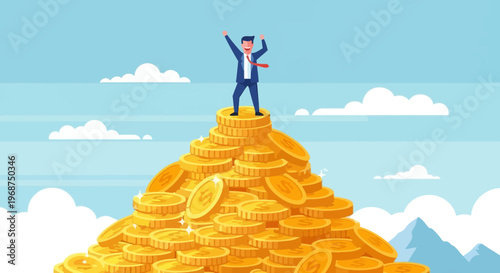 Successful Businessman Celebrates On Mountain Of Gold Coins