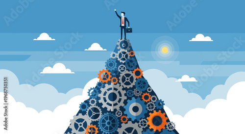 Successful Businessman Reaching Summit on Gear Mountain With Briefcase