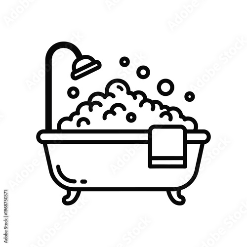 Minimalist line icon of a classic clawfoot bathtub filled with soap bubbles and a shower head, perfect for bathroom signage, spa branding, and hygiene-related graphic design projects.