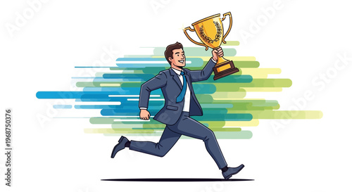 Successful Businessman Running With Golden Trophy Celebrating Victory Achievement