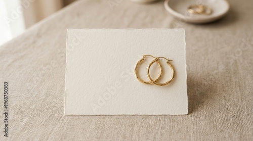 Elegant gold hoop earrings rest on a textured paper card, presented in a soft, natural light with a shallow depth of field against a neutral background.