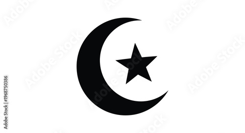 A stark black crescent moon and star emblem against a white background representing islamic symbolism silhouette high quality professional detailed modern