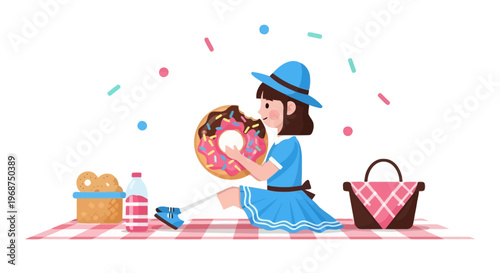 Sweet Donut Picnic Delight Young Girl Enjoying Festive Treats Outdoors
