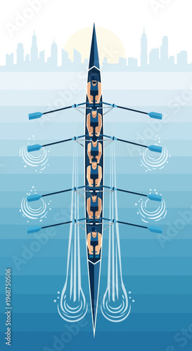 Synchronized Eight-Person Rowing Crew On Open Water With City Skyline Background