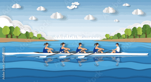 Synchronized Team Rowing Performance on a Calm Waterway