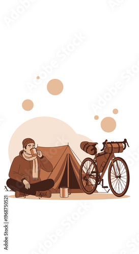 Solo Bikepacking Adventure With Warm Beverage At Campsite Tranquility